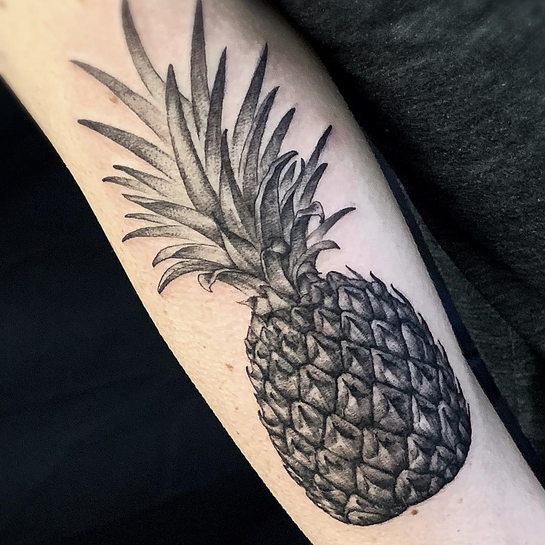 Black and Grey Forearm Tattoo of a Pineapple done by Tattoo Artist Alan Lott at Sacred Mandala Studio in Durham, NC - Custom Tattoo and Art Gallery in the Triangle of North Carolina - Raleigh, Durham, Chapel Hill
